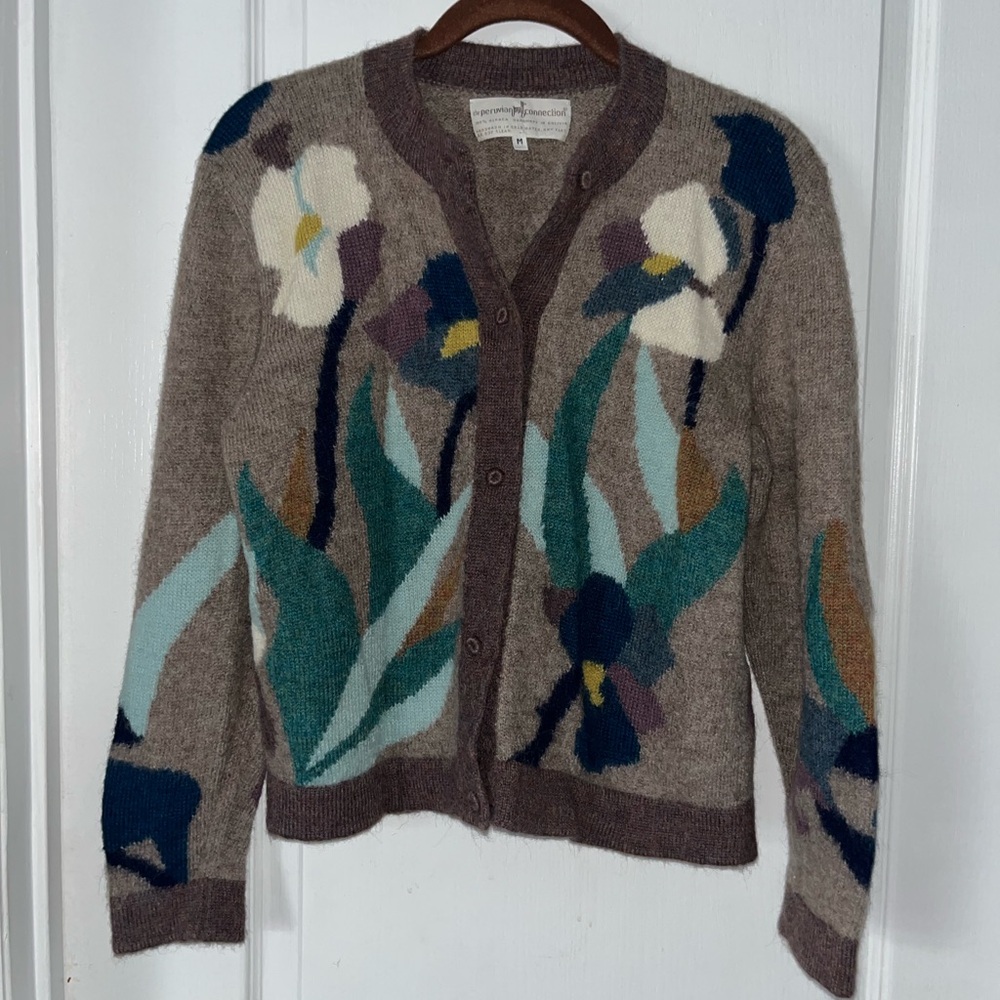 Peruvian Connection Floral Cardigan in Brown and Teal